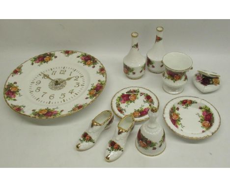 Royal Albert Old Country Roses - Two flower posies, 2 shoes, bell, wall plate clock, mini urn, pin dish, ashtray and a heart 