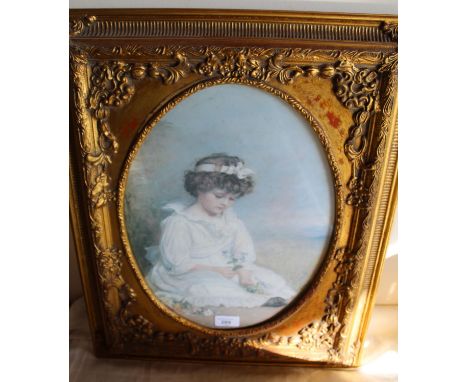 Decorative oval colour print of a girl with flowers, in gilt frame, 56cm x 45cm 