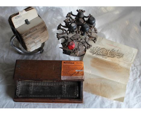 Vintage Wheeldex Cub rotary desk top filing system, Vintage two-tier revolving ink stamp stand, and an oak three section ink 