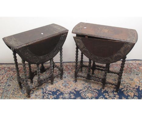 Two C20th carved oak gateleg tables on bobbin turned supports, W66cm H90cm H68cm max (2) 