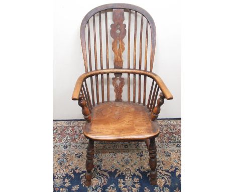 C19th ash and elm high back Windsor chair, shaped cresting rail, stick back with pierced vase shaped splat, shaped seat on tu