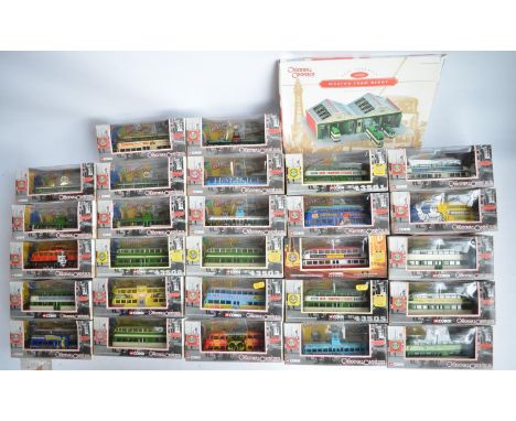 Collection of boxed Corgi Original Omnibus and Classics 1/76 (OO gauge) diecast tram models and an unstarted Marton Tram Depo