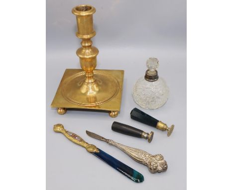 Desk accessories incl. two seals, letter opener with enamel decoration, and a bladed instrument with handle marked sterling; 