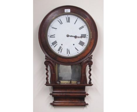 Early C20th American walnut drop dial wall clock with double scroll case and barley twist columns, later 12" Roman dial, two 