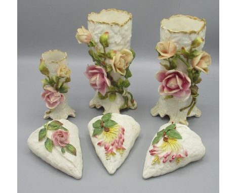 Three early C20th Robinson &amp; Leadbeater wall mounted flower holders and 3 ceramic flower posy vases decorated with cerami