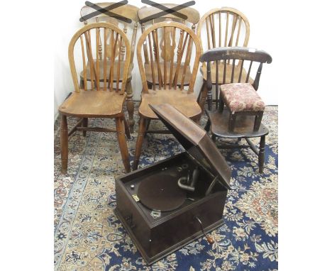 Four spindle back chairs, an upholstered footstool, and a record player (6) (please note the back LHS two chairs have been wi