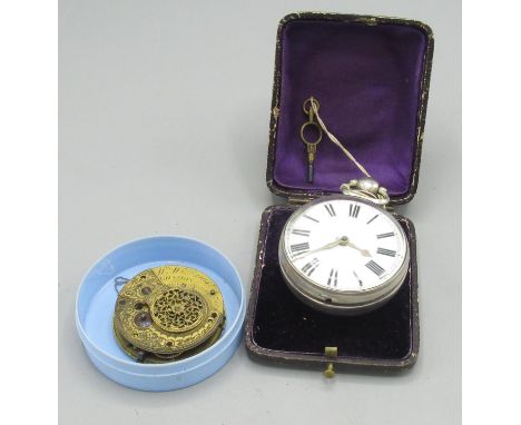 Thomas Maston London - early Victorian silver pair case verge pocket watch lacking outer case, white enamel Roman dial, case 