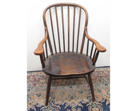 C20th bentwood type open arm chair, hoop and stick back with solid seat on turned supports 