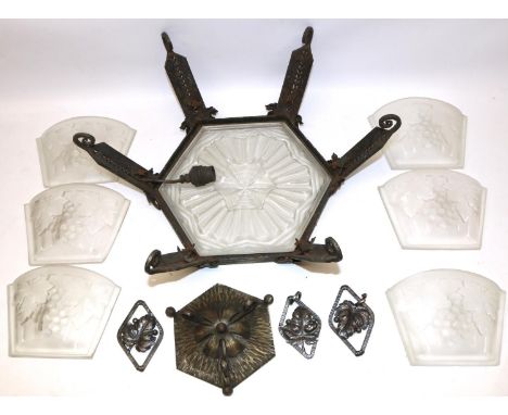 French Art Deco Jean Noverdy glassworks frosted and pressed glass ceiling pendant light, comprising seven panels decorated wi