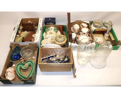 Collection of ceramics, incl. Sylvac pixie posy vase, Hummel style figures, Royal Crown Derby pin dish, commemorative spoons,