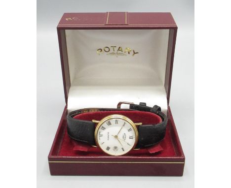 Rotary gold quartz wristwatch with date, signed white Roman dial with centre seconds, two piece case with snap on back hallma