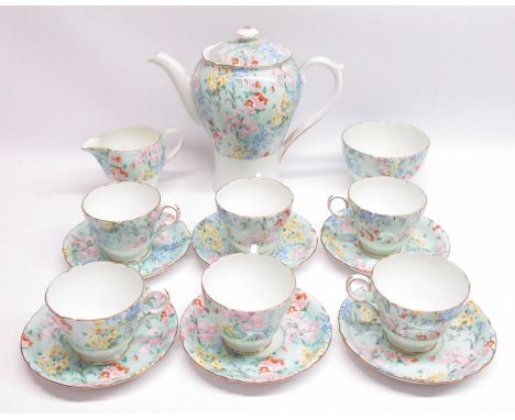 Shelley Melody 15 piece teaset comprising teapot H19cm, cream, sugar and six cups and saucers, Rd.No.823343. 