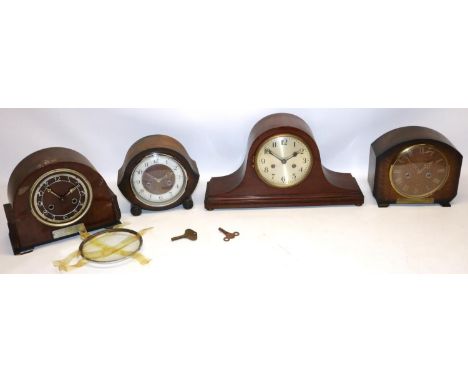 Two Smiths Enfield oak cased striking mantle clocks W23cm, Perivale mahogany cased striking mantle clock W28cm and another ma