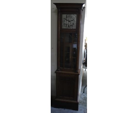 C20th continental oak long case clock, glazed door and square silvered Arabic dial with twin weight striking movement, H190cm