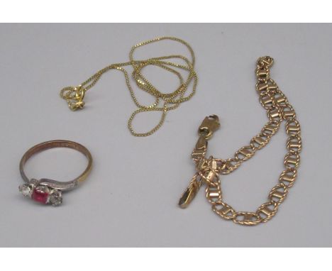 9ct yellow gold mariner chain bracelet, a 9ct gold chain necklace and a 9ct gold ring, set with central ruby and two clear st