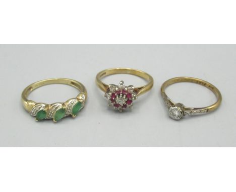 9ct yellow gold diamond and ruby cluster ring, size L1/2, and two more 9ct gold rings, all stamped 375, 6.0g