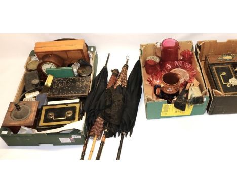 Mixed lot incl. cash boxes, Peugeot Freres coffee grinder, cranberry glass items, parasols, etc. (3 boxes)