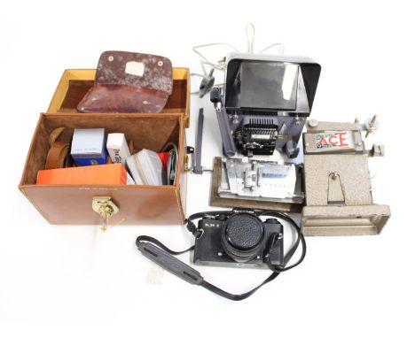 Harmony 8mm Editor/Viewer in original box, Bolex Paillard case of accessories, Rolleiflex SL35 E camera with black Rollei Pla