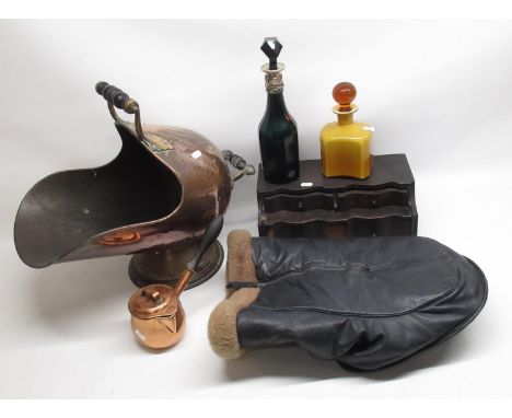 Pelso Regd. leather foot mitt, late Victorian Bristol green decanter with silver plate mount with intwined vines faceted body
