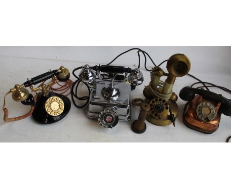 Collection of Telephones in different styles including Onyx and brass candle stick phone, copper and Bakelite Dutch table pho