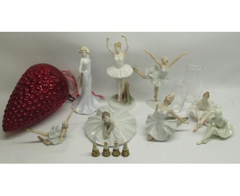 Collection of ballerina figures by Royal Worcester, Nao, etc., 2 etched Stuart glass posy vases, Brambley Hedge 4 seasons thi