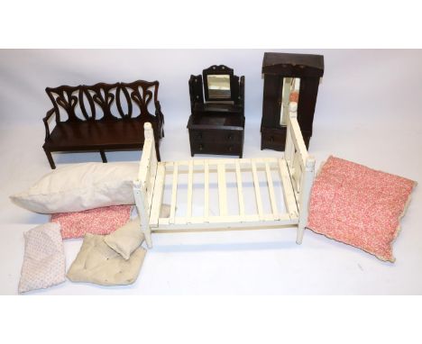 Group of Sindy/Barbie doll scale wooden dolls furniture, comprising sofa, dressing table, bed, wardrobe, bedding 