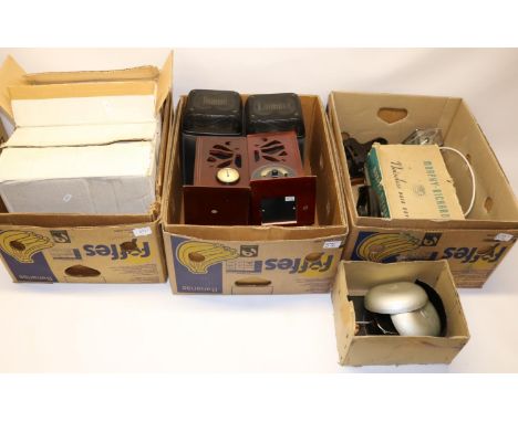 Twelve pairs of vintage style clock radios/book ends, majority boxed; vintage fire alarm bell; vintage clothes iron, etc. 