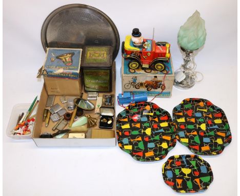 Group of various items c1960s, incl. an Art Deco style chromed figural lamp with flame shade (A/F), tinplate battery powered 
