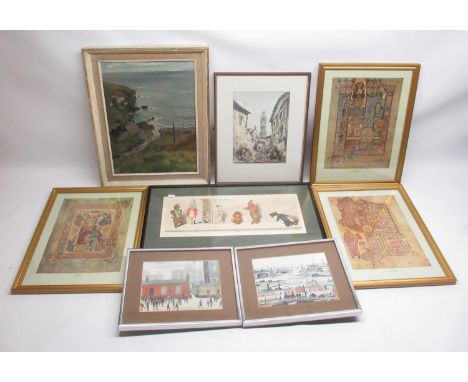 Unsigned oil of coastal scene, framed watercolour of continental village street, 3 framed prints of pages from The Book of Ke