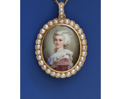 A 19thC Swiss oval enamelled miniature portrait pendant signed by Gaspard Lamuniere (1810-1865), depicting a young female sit