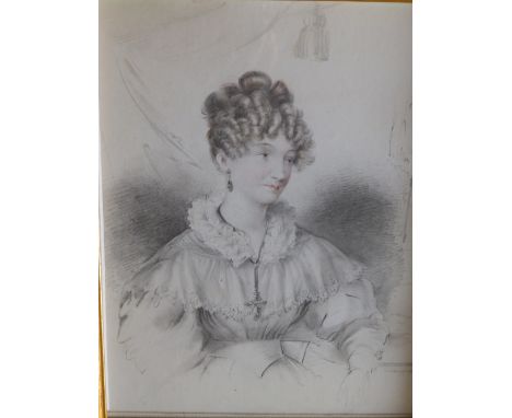 19thC School – a pencil drawing with colouring to face – Half length portrait of a lady, 8.5” x 6.5”  in modern gilt frame.