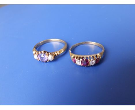 A small five stone ruby & diamond '18' yellow metal ring and a pearl set ring. (2)