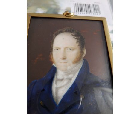 19thC School – a watercolour miniature portrait of a gentleman in dark blue jacket, 3.25” x 2.25”