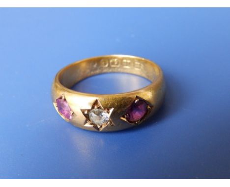 A Victorian gypsy set three stone ruby & diamond ring – Birmingham hallmarks for 1893.