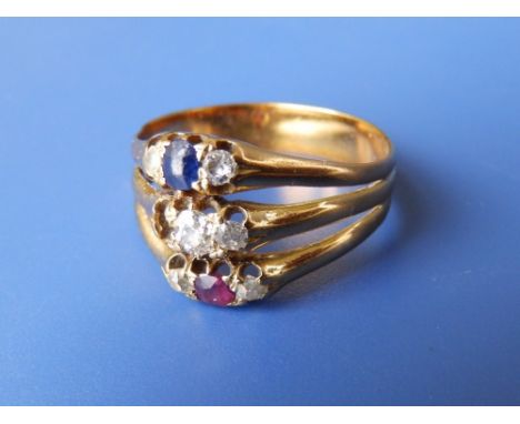 A Victorian triple band sapphire, ruby & diamond set ring – one diamond missing.