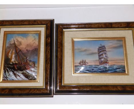 A framed pair of 20thC Limoges enamel painted plaques depicting sailing vessels, by Jean Betouene, 5.75”