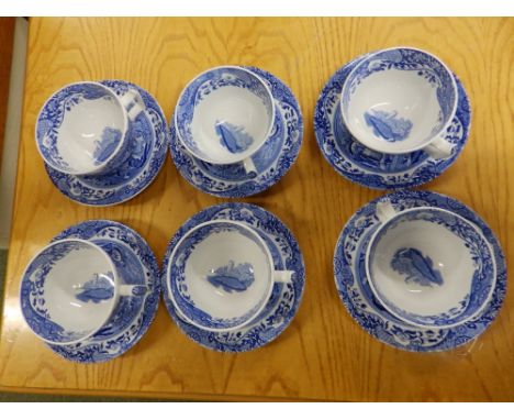 Six Copeland Spode Italian blue & white teacups & saucers. (12)