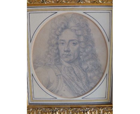 An early pencil drawing – bust length portrait of a gentleman in 17th/18thC costume, 6” high oval in modern gilt frame.