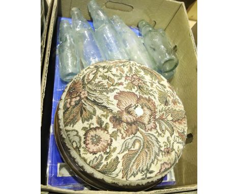 Box of mixed items including vintage soda bottles and an upholstered footstool. Not available for in-house P&amp;P. 