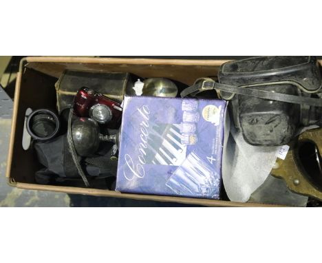 Box of glass, plated ware, camera tripod etc. Not available for in-house P&amp;P 
