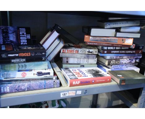 Shelf of mixed wartime and military hardback books. Not available for in-house P&amp;P 