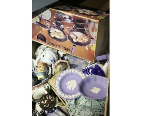 Box of mixed ceramics including Wedgwood jasperware, Delftware, ceramics, bells etc. Not available for in-house P&amp;P. 