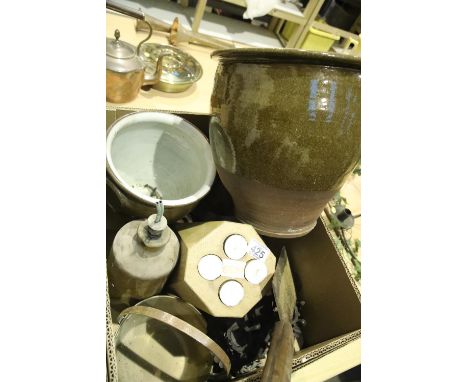 Box of mixed items including ceramic planter, brass, mirrors etc. Not available for in-house P&amp;P. 