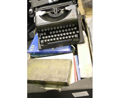 Box of mixed items including car manuals and Imperial typewriter. Not available for in-house P&amp;P 