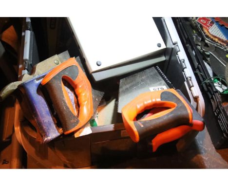 Box of mixed tools including Stanley saws, Black and Decker 650w drill and other items. Not available for in-house P&amp;P 
