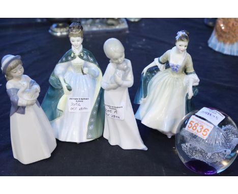 Two Royal Doulton figurines, Nao figurine and another and a glass paperweight. Not available for in-house P&amp;P 