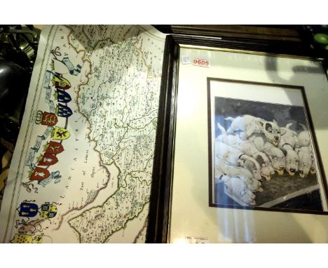 Bonzo dogs print and a vintage map of Lancashire. Not available for in-house P&amp;P 