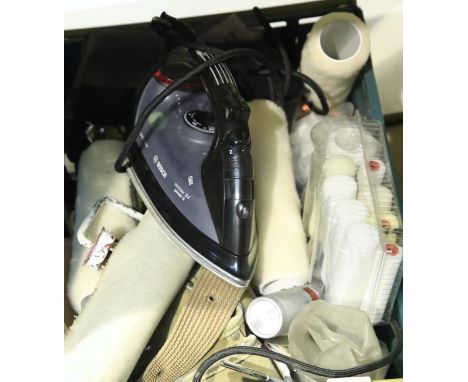 Box of mixed items including paint rollers, tools and an electric iron. Not available for in-house P&amp;P 