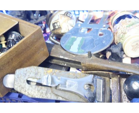 Tray of mixed items including vintage tools and an unchecked chess set. Not available for in-house P&amp;P 