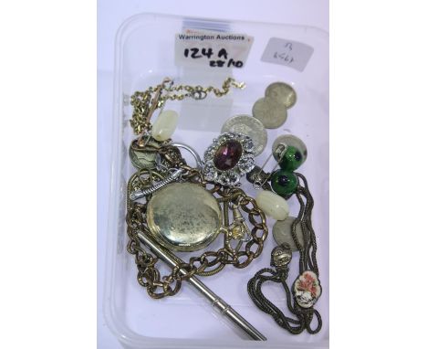 Pocket watch, watch chains and mixed costume brooches including a 9ct gold example. P&amp;P Group 1 (£14+VAT for the first lo
